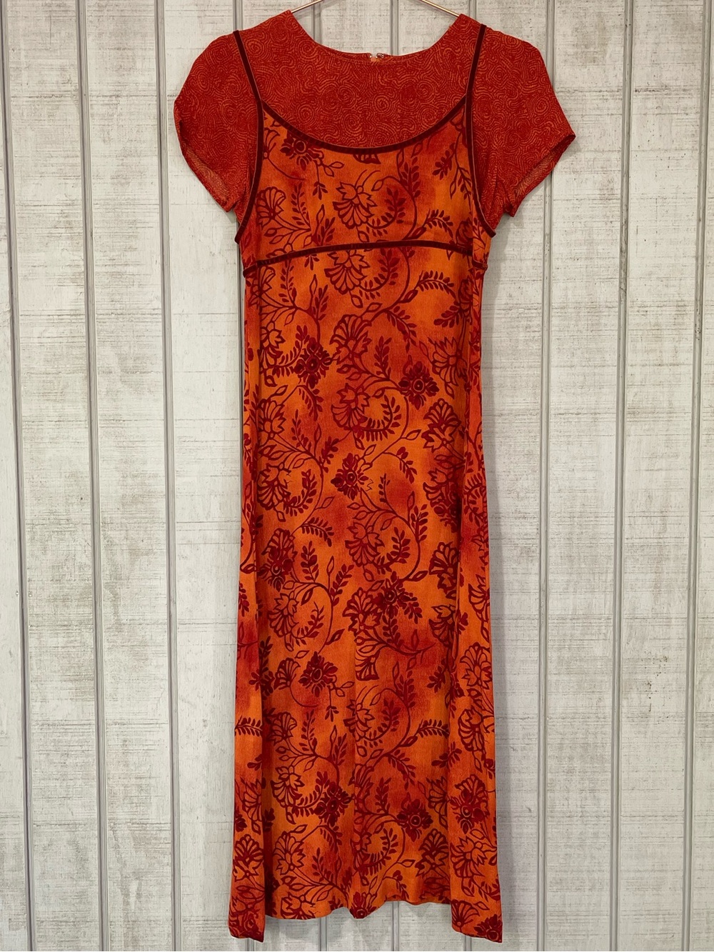 Vintage Orange Floral Boho Short Sleeve Midi Dress Size 4 Rayon Cottagecore